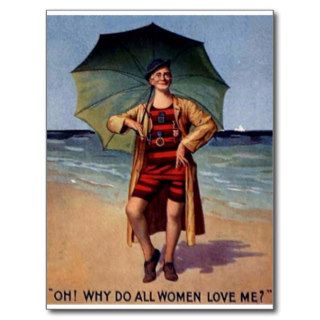 funny vintage man sea bathing suit umbrella poster postcard
