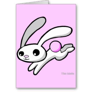 Hop the rabbit with fluffy pink tail greeting card