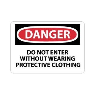 NMC D502AB OSHA Sign, Legend "DANGER   DO NOT ENTER WITHOUT WEARING PROTECTIVE CLOTHING", 14" Length x 10" Height, Aluminum, Black on White Industrial Warning Signs