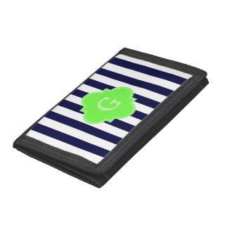Navy Blue White Stripe Lime Quatrefoil Monogram Trifold Wallet