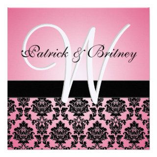 Monogram Pink & Black Damask Wedding Invitations