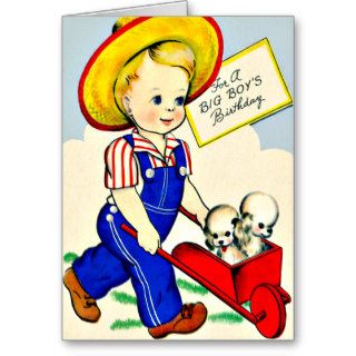 Puppy Ride   Retro Little Boy Happy Birthday Card