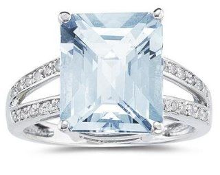 7 Carat Emerald Cut Aquamarine and Diamond Ring 10k White Gold Jewelry