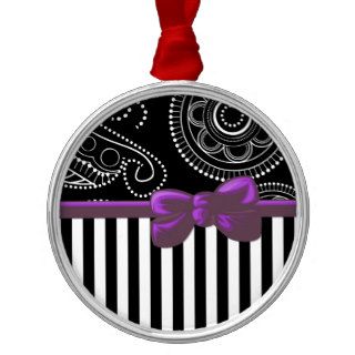 Stripes Line Paisley Ribbon Bow Black White Purple Christmas Tree Ornaments