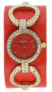 Red Leather Bracelet Watch Accented with Clear Rhinestones Watches