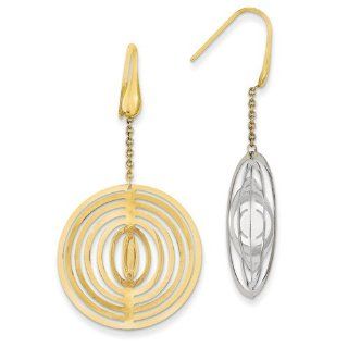 14K Yellow Gold and Rhodium Polished 3 dimensional Circle Dangle Earrings Jewelry