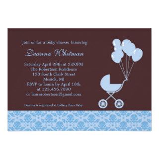 Blue Stroller with Balloons Baby Shower Invitation