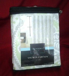Cynthia Rowley Large Medallion Fabric Shower Curtain with Mint Green and Charcoal Gray on White Background  