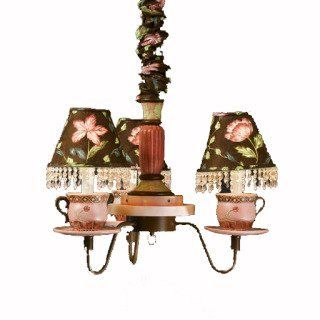3 Arm Pink Green and Chocolate Teacup Chandelier    