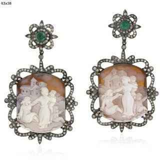 18kt Gold Diamond Pave Gemstone Cameo Dangle Earrings Silver Antique Style Jewelry Jewelry