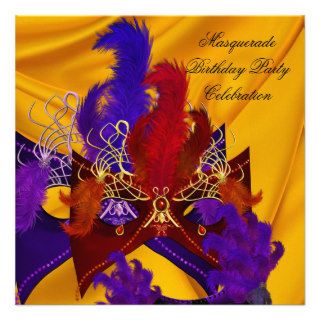 Masquerade Birthday Party Purple Red Yellow Masks Personalized Invitations