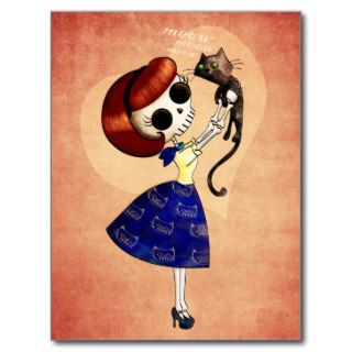 Skeleton Pin up Girl with her Cat Postcards