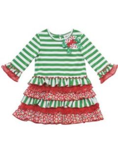 Rare Editions Girls 2 6X Mixed Print Stripe Dress, Green/White/Red, 4T Clothing