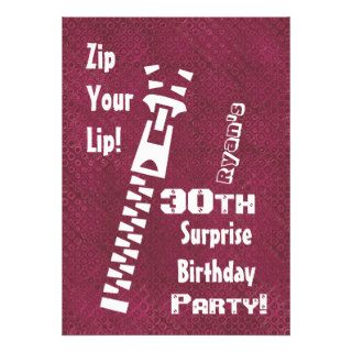 30th SURPRISE Birthday Party Zip Your Lip V205 Card