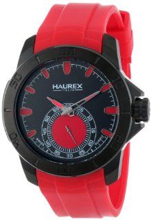 Haurex Italy Men's 3N503URR Acros Black Ion Plated Coated Stainless Steel Red Rubber Strap Watch Watches