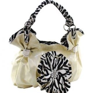 Designer Inspired Real Like Synthetic Leather Rustic Couture Zebra Flower Handbag Tan Clothing