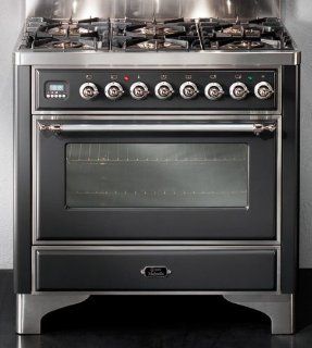 Ilve Majestic Collection UM906MPM 36'' Freestanding Dual Fuel Range with 6 Sealed Burners, 2.8 cu. ft. Oven Capacity, European Convection Oven, Manual Clean, Rotisserie System and Plate Warming Drawer Matte Black ( Brass Trim (Standard)) Applian