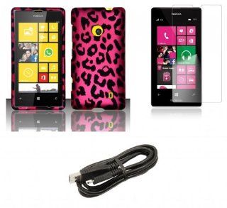 Nokia Lumia 521 / 520   Accessory Combo Kit   Hot Pink and Black Leopard Design Shield Case + Atom LED Keychain Light + Screen Protector + Micro USB Cable Cell Phones & Accessories
