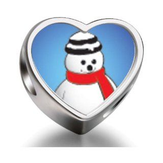 Snowman Red Scarf Heart Photo Charm Beads Jewelry