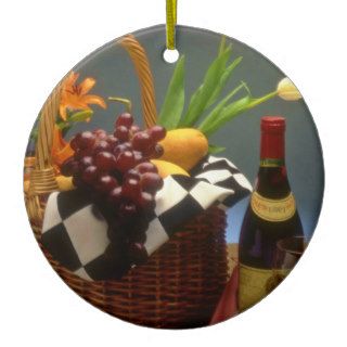 Yellow Picnic basket with wine, cheese, bread and Christmas Ornament