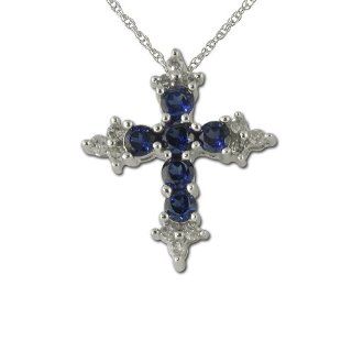Created Blue Sapphire and Diamond Cross Pendant 0.78ct tw in 14K White Gold.With 14k White Gold Chain. Pendant Necklaces Jewelry
