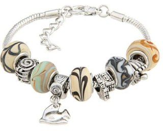Silvertone 7" + 1.5" Extension Murano style Tan Glass Beads with Fish Charm Bracelet Jewelry