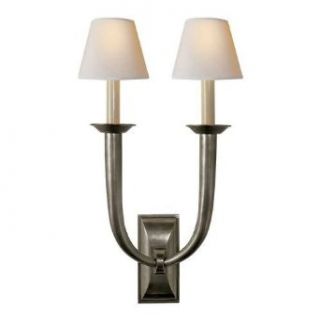 Studio French Deco Horn Double Sconce in Hand Rubbed Antique Brass with Natural Paper Shades by Visual Comfort S2021HAB NP   Wall Sconces  