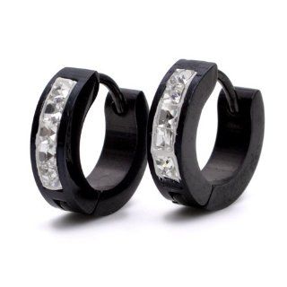 K Mega Jewelry 13*13mm Clear Crystal Stone Stainless Steel Black Hoop Mens Earrings Stud Earrings Jewelry