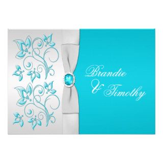 PRINTED RIBBON Turquoise, Silver Floral Wedding Personalized Announcements