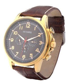 Ouyawei Men's Streamlined Black Dial Brown Leather Strap Mechanical Watches Watches