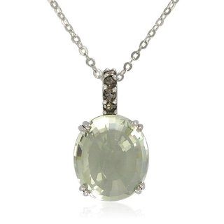 Sterling Silver Oval Shaped Green Amethyst with Smoky Quartz Accent Pendant Necklace, 18.5" Jewelry