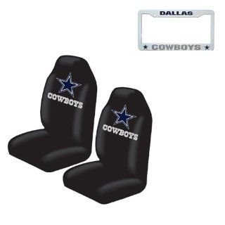 A set of 3 Piece Automotive Gift Set 2 Highback Seat Covers and 1 Plastic Tag License Plate Frame   Dallas Cowboys Automotive