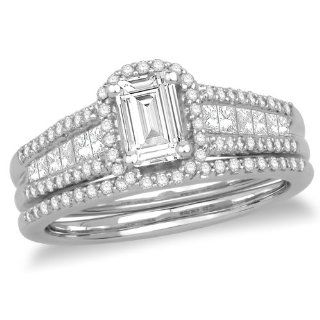 14k White Gold Emerald Cut Diamond Bridal Ring Set with Channel Set Princess Cut Diamond (1/2 ct Center 1.13 cttw, G H Color, SI2 I1 Clarity), Size 7 Wedding Ring Sets Jewelry