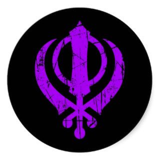 Scratched Purple Sikh Khanda Symbol on Black Round Stickers