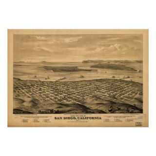 1876 San Diego CA Birds Eye View Panoramic Map Posters