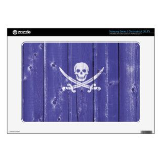 Fun skull cross swords on blue wood panel printed samsung chromebook decals