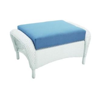 Martha Stewart Living Charlottetown White All Weather Wicker Patio Ottoman with Washed Blue Cushion 65 619556/2