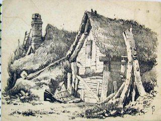 Antique Sketch House Thatched Roof Ruins Country Print  