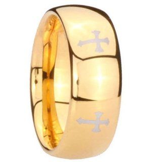 8MM Tungsten 4 Christian Cross Etch 14K Gold IP Dome Engraved Ring Size 7 Wedding Bands Jewelry