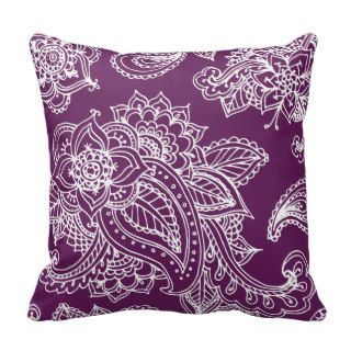 Plum Purple Illustrated Bohemian Paisley Henna Pillow