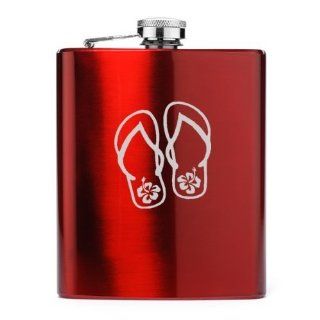 Red 7oz Stainless Steel Hip Flask FS88 Flip Flops with Hibiscus Kitchen & Dining