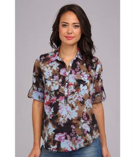 J.A.K. Moody Flower Print Shirt Womens Long Sleeve Pullover (Brown)