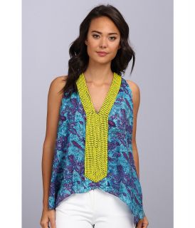 Tbags Los Angeles V Neck Sleeveless Tunic w/ Citron Seed Bead EMB Womens Blouse (Blue)
