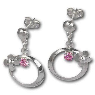 SilberDream earring silver flower ring with pink zirconia, stud earring, 925 Sterling Silver SDO547A Jewelry