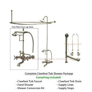 Satin Nickel Faucet Clawfoot Tub Shower Kit with Enclosure Curtain Rod 547T8CTS   Bathtub And Showerhead Faucet Systems  