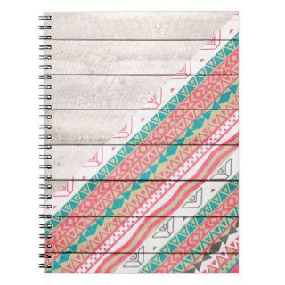 Andes Tribal Aztec Coral Teal Chevron Wood Pattern Spiral Notebook