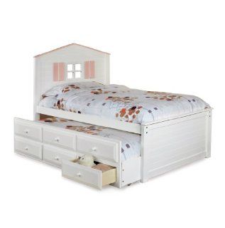 Furniture of America Blake Twin Captain Bed with Trundle and Drawer Set, White and Pink   Childrens Bed Frames
