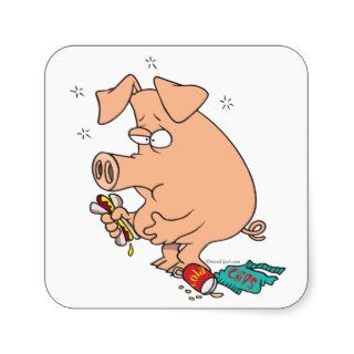 funny junk food stuffed pig with tummy belly ache square sticker