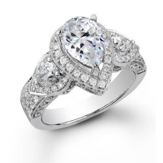 1.50 Carat (ctw) 14K White Gold Round & Pear Diamond Vintage Engagement Bridal Ring 1 1/2 CT Jewelry