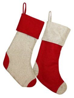 18" Rustic Beige and Red Burlap Christmas Stocking  